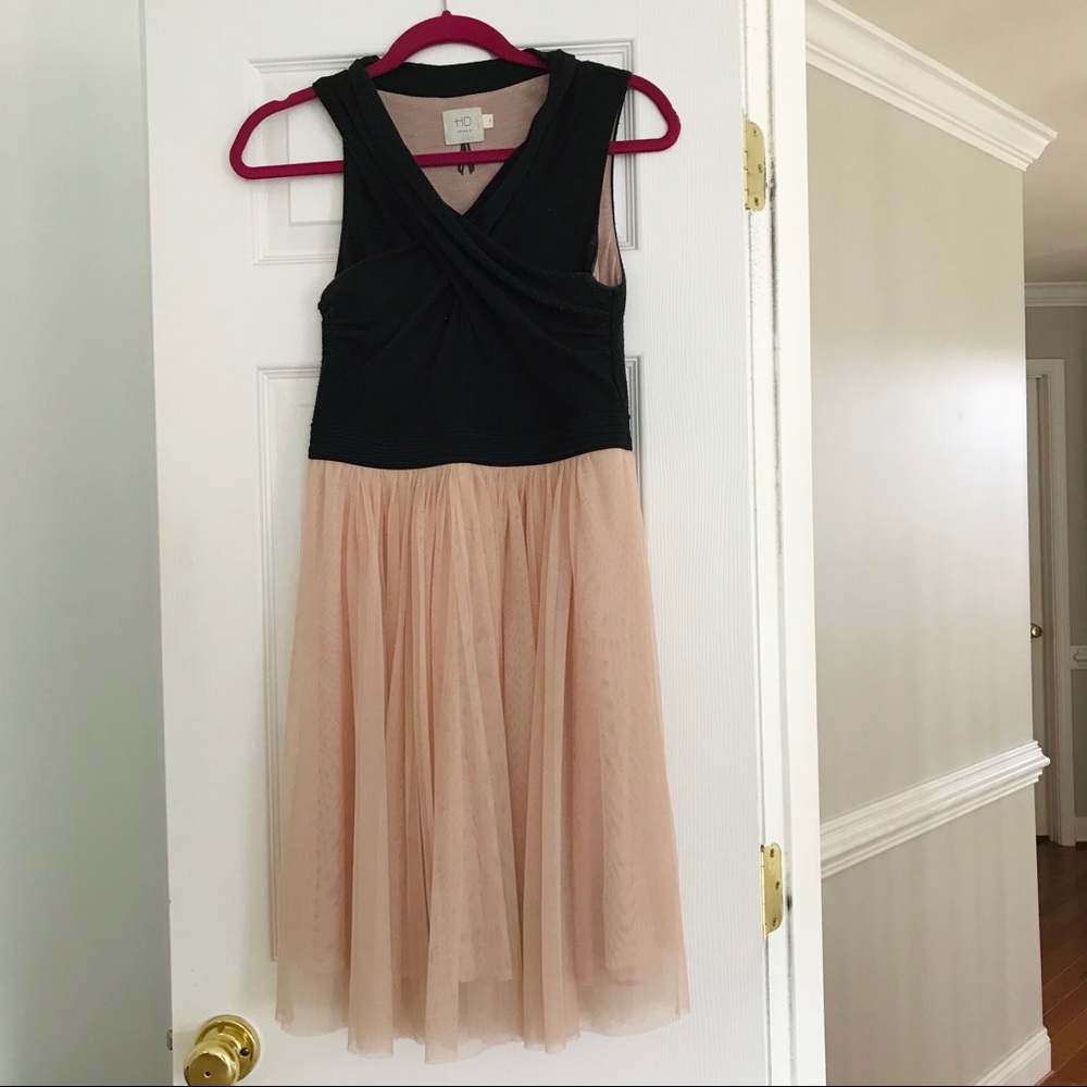 Anthropologie dress XS pink tulle dress black twist top of dress